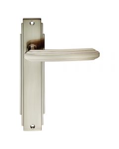 Art Deco Lever Door Handles - Narrow Stepped Plate Design - Satin Nickel - Latch Set
