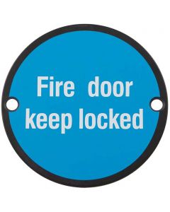 Fire Door Keep Locked Sign - 76mm Diameter - White Text - Drilled & CSK - Matt Black With Blue Background