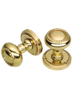 Mortice Door Knob Set - Georgian Style With Rope Design - Polished Brass