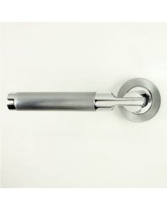 Lydia Lever Door Handles On Round Rose - Dual Finish Satin & Polished Chrome