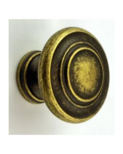 Traditional Stepped Pattern Disc Shape Cupboard Knob - Antique Distressed Brass
