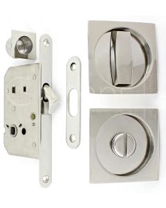 Square Shape Bathroom Hook Lock For Sliding Pocket Doors - With Turn And Release - Polished Stainless Steel