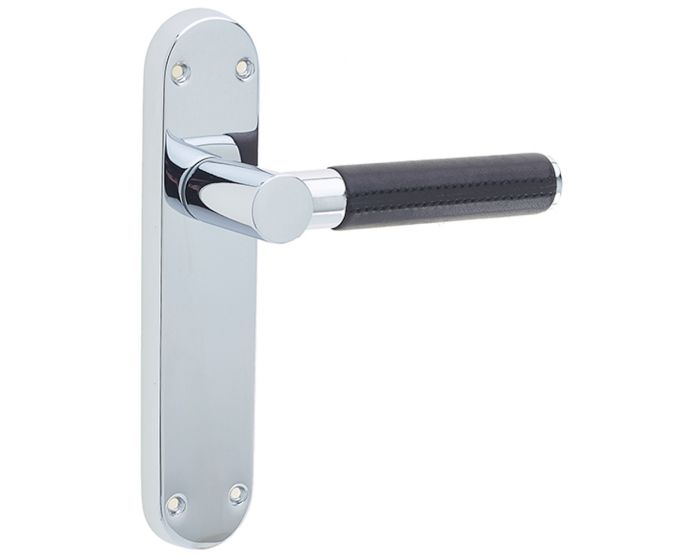 Door Handles With Backplate Polished Chrome With Black Leather Wrap