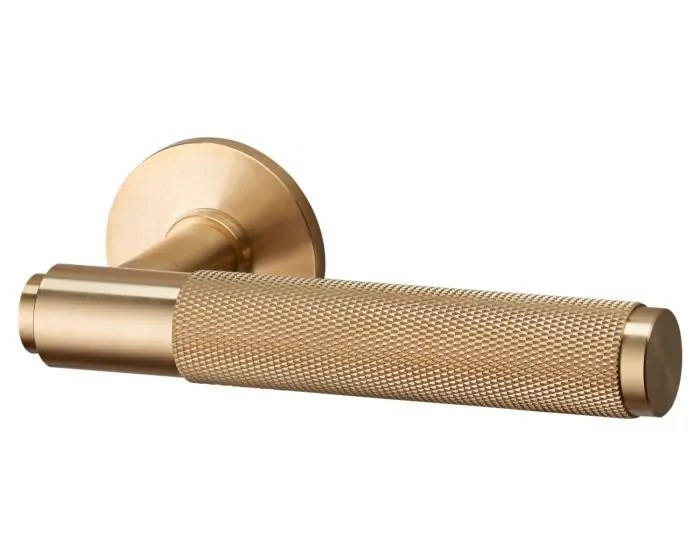Buster & Punch Diamond Cut Knurled Pattern Lever Door Handles On Round Rose  - Sprung - Satin Brass (Lacquered)