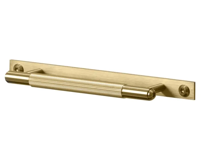 Buster Punch Linear Pattern Cabinet Pull Bar Handle With Back Plate Available In Three Sizes Satin Brass Lacquered