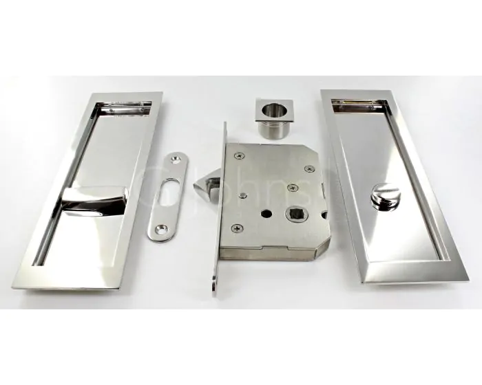 43095.1 - Large Rectangular Shape Inset Style Flush Fitting Handles & Bathroom Hook Lock Set With Turn & Release For Sliding Pocket Doors 210mm x 63mm