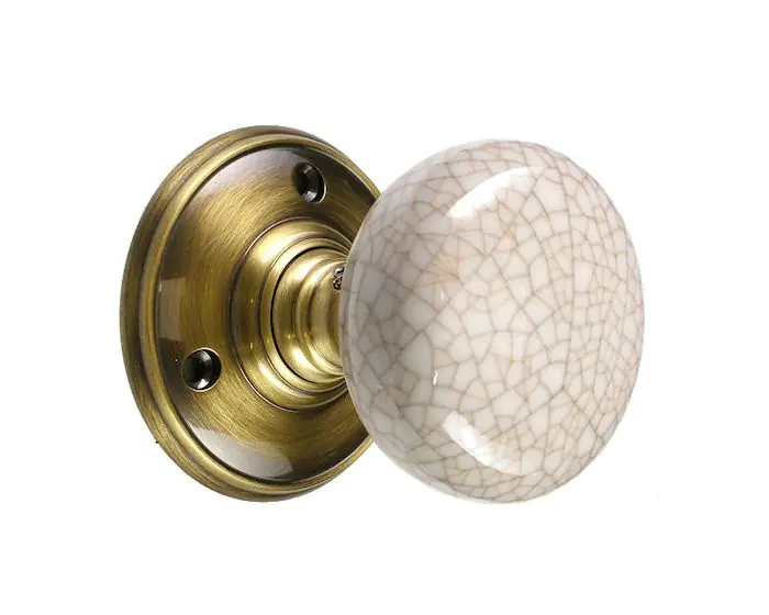 Mortice Door Knobs - Porcelain Ivory Crackle Knob / Antique Brass