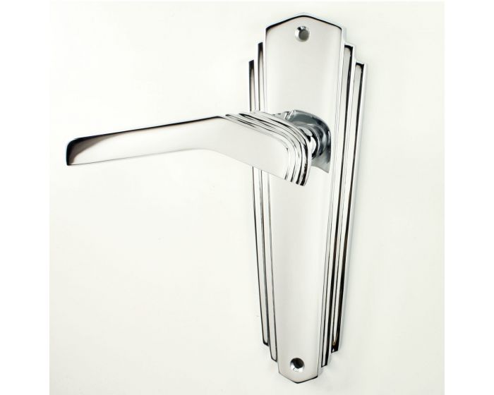B'room Lock Waldorf Art Deco Door Handle in Polished or Satin Chrome Latch B'room Lock Waldorf Art Deco Door Handle in Polished or Satin Chrome Latch