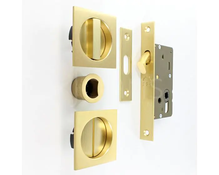 Square Design Bathroom Hook Lock For Sliding Pocket Doors With Turn And Release Satin Brass G Johns Sons Square Design Bathroom Hook Lock For, Brass Sliding Door Lock