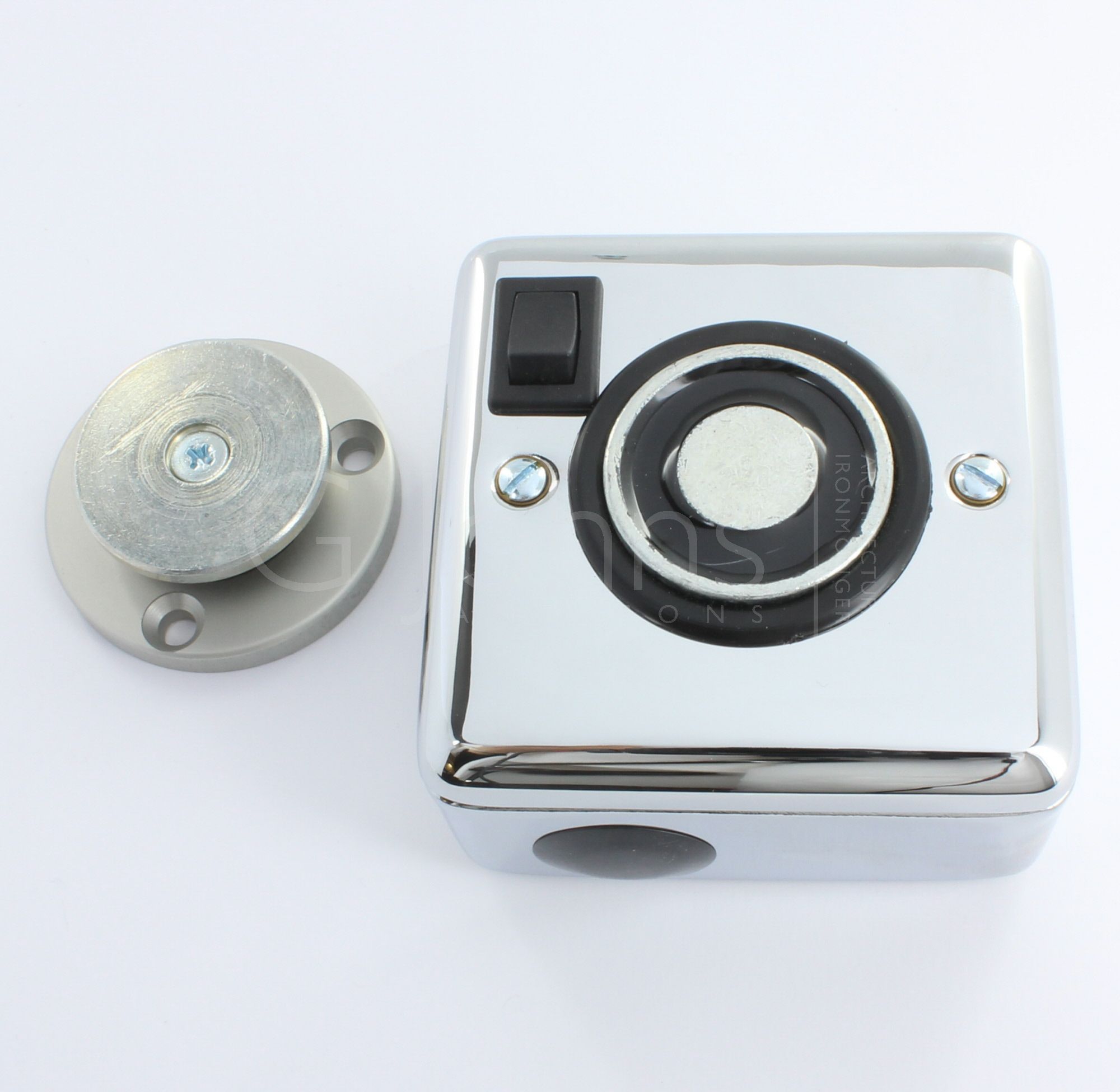 Surface Mounted Electro Magnetic Fire Door Holder 24v DC With Manual On Off Switch Supplied With Armature Plate Polished Chrome