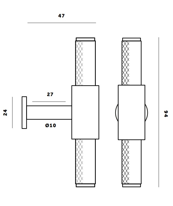 Buster & Punch Knurled Design T-Bar Cabinet Pull - Dimensions Diagram