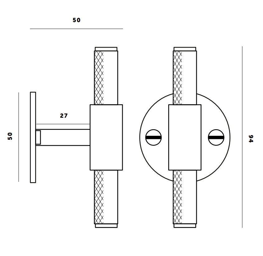 Buster & Punch Knurled Pattern T-Bar Pull Handle With Back Plate - Dimensions Diagram
