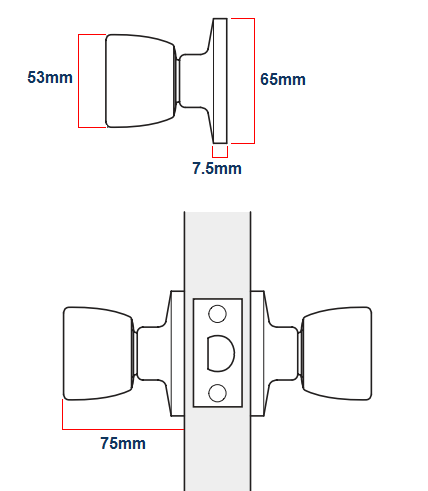 Diagram showing dimensions of the Guardian door knobset