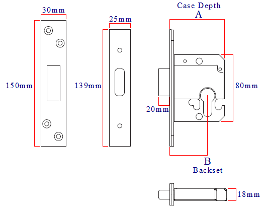 Diagram showing dimensions of the Eurospec EDB BS 3621 Euro Profile Deadlock
