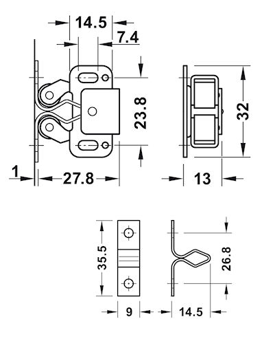 Twin Roller Catch Dimensions