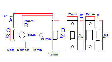Diagram and dimensions of legge 96mm deep latch with 76mm backset