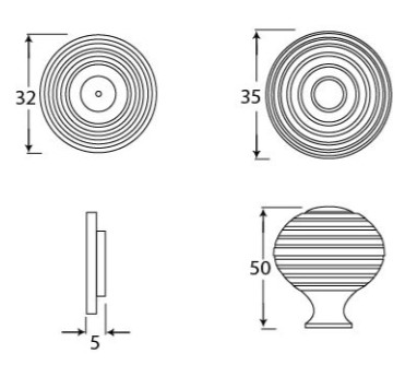 Beehive-Style-Ringed-Pattern-Reeded-Cupboard-Door-Knobs-35mm-Diameter-Diagram