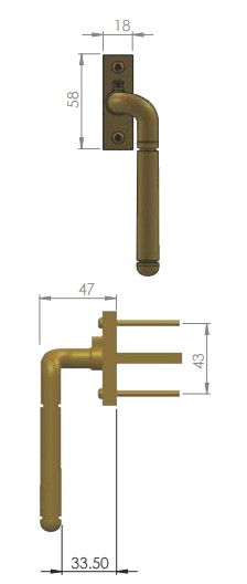 Cranked-Locking-Espagnolette-Handle-Window-Fastener-Left-&-Right-Hand-Overall-Height-135mm-Antique-Brass-Gloss-Lacquered
