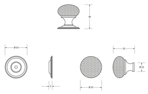 Hammered-Mushroom-Design-Cupboard-Door-Knob-32mm-Diameter-Diagram