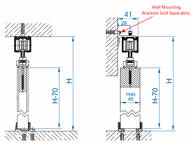 Diagram Showing Wall And Ceiling Mounted Fixing Option For The Herkules Sliding Door Gear
