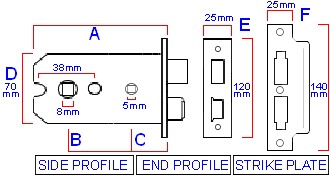 Diagram and dimensions of Union horizontal mortice bathroom lock
