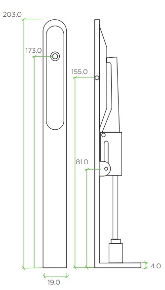 Lever-Action-Flush-Bolt-Radius-Pattern-203mm-x-19mm-Suitable-For-Use-On-FD30-FD60-Fire-Doors-Diagram
