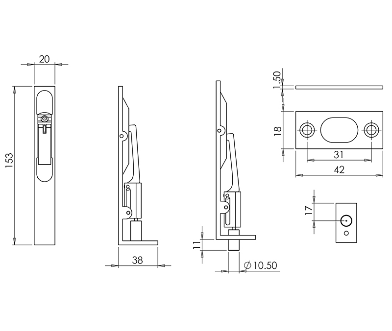 Lever-Action-Flush-Bolts-Two-Sizes-Available-Diagram-150mm-x-20mm
