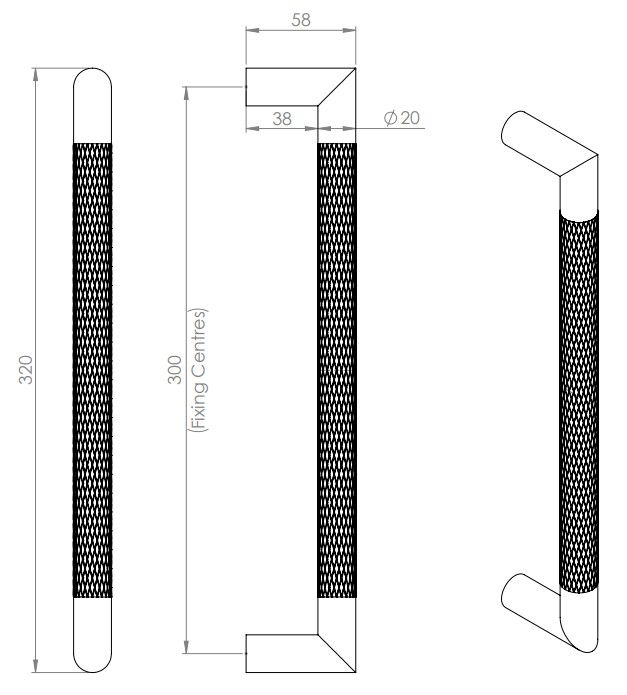 Mitred-Knurled-Bolt-Through-Fixing-Pull-Handle-Matt-Black-300mm-Diagram