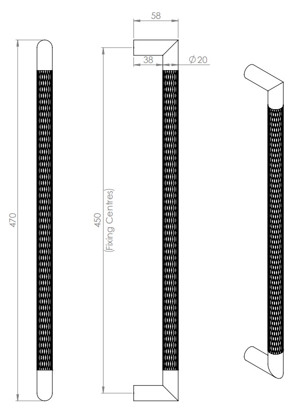 Mitred-Knurled-Bolt-Through-Fixing-Pull-Handle-Matt-Black-450mm-Diagram