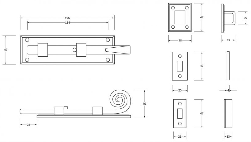 Monkeytail-Pattern-Straight-Design-Universal-Door-Bolt-6-Inch-Diagram