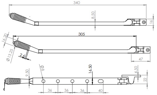 Reeded-Design-Casement-Window-Stay-306mm-(12-Inches)-Diagram