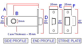 Diagram and dimensions of the Carlisle Brass Florentine bronze finish tubular mortice latch