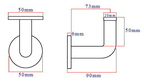 Diagram showing dimensions of the stainless steel modern design concealed fixing handrail bracket