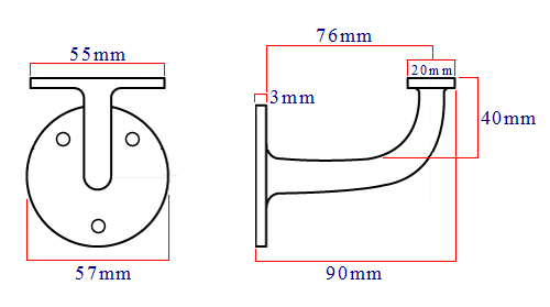 Diagram showing dimensions of the traditional design handrail bracket