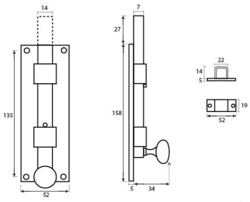 Traditional-Pattern-Straight-Design-Door-Bolt-158mm-x-52mm-Diagram