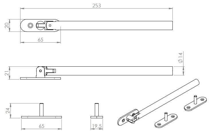 Tubular-Design-Casement-Window-Stay-Grade-316-253mm-Diagram