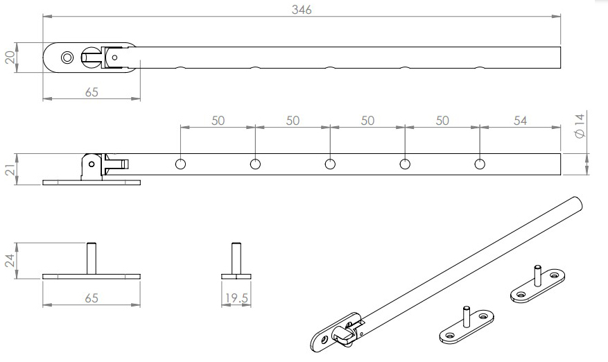Tubular-Design-Casement-Window-Stay-Grade-316-346mm-Diagram