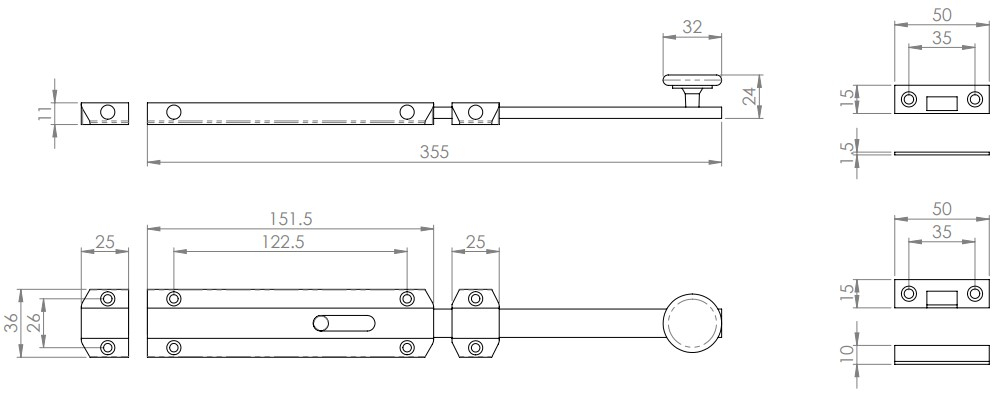 Surface Mounted Slide Bolts - Extended Design - Architectural Range - Diagram Surface Mounted Slide Bolts - Extended Design - Architectural Range - Diagram