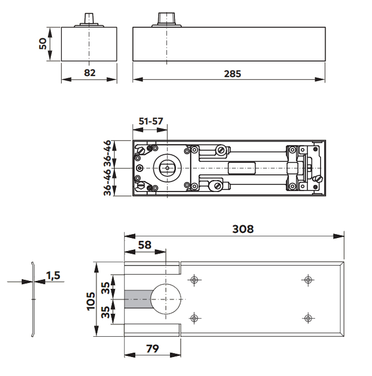 Diagram showing the dimensions of the BTS74V Floor Spring Door Closer