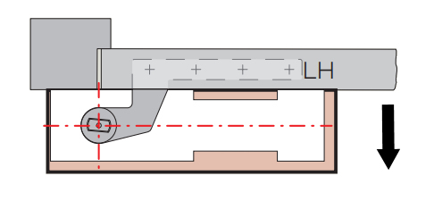 Diagram showing a single action floor spring fitted to a left hand door