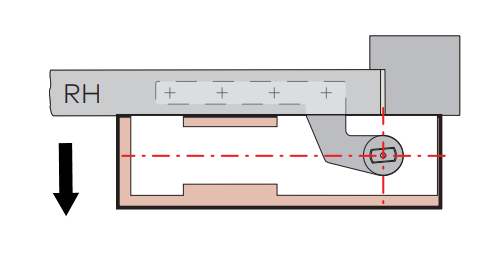 Diagram showing a single action floor spring fitted to a right hand door
