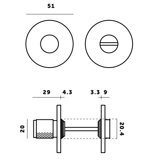 Buster & Punch Knurled Pattern Bathroom Turn & Release - Dimensions Diagram