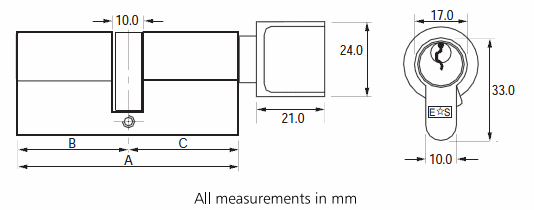 Diagram showing dimensions of the Eurospec 5 pin euro profile key / turn cylinder range