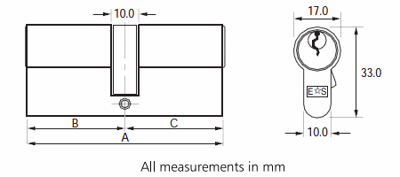 Diagram showing dimensions of the Eurospec 5 pin euro profile double cylinder range