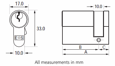 Diagram showing dimensions of the Eurospec 5 pin euro profile single cylinder range
