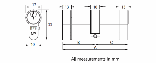 Diagram showing dimensions of the Eurospec high security MPx6 - BS rated kitemarked anti-snap euro profile key / key double cylinder range