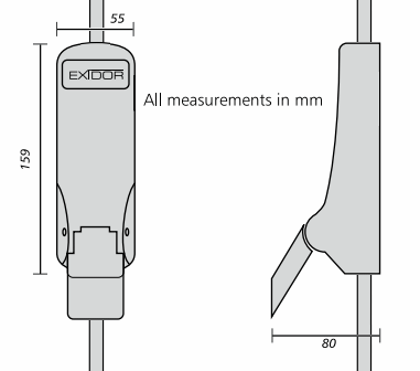 Diagram showing dimensions of the Exidor 293 push pad panic bolt set