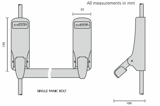 Diagram showing dimensions of the Exidor 294 panic bolt set