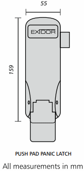 Diagram showing dimensions of the Exidor 297 push pad panic latch set
