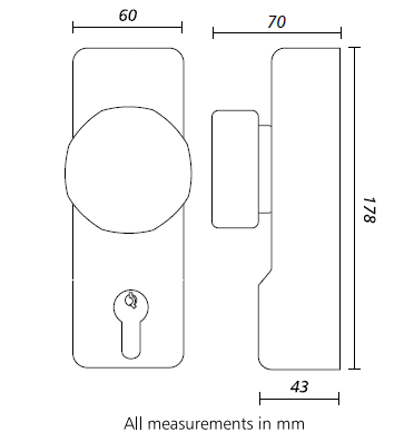 Diagram showing dimensions of the Exidor 302 knob operated outside access device